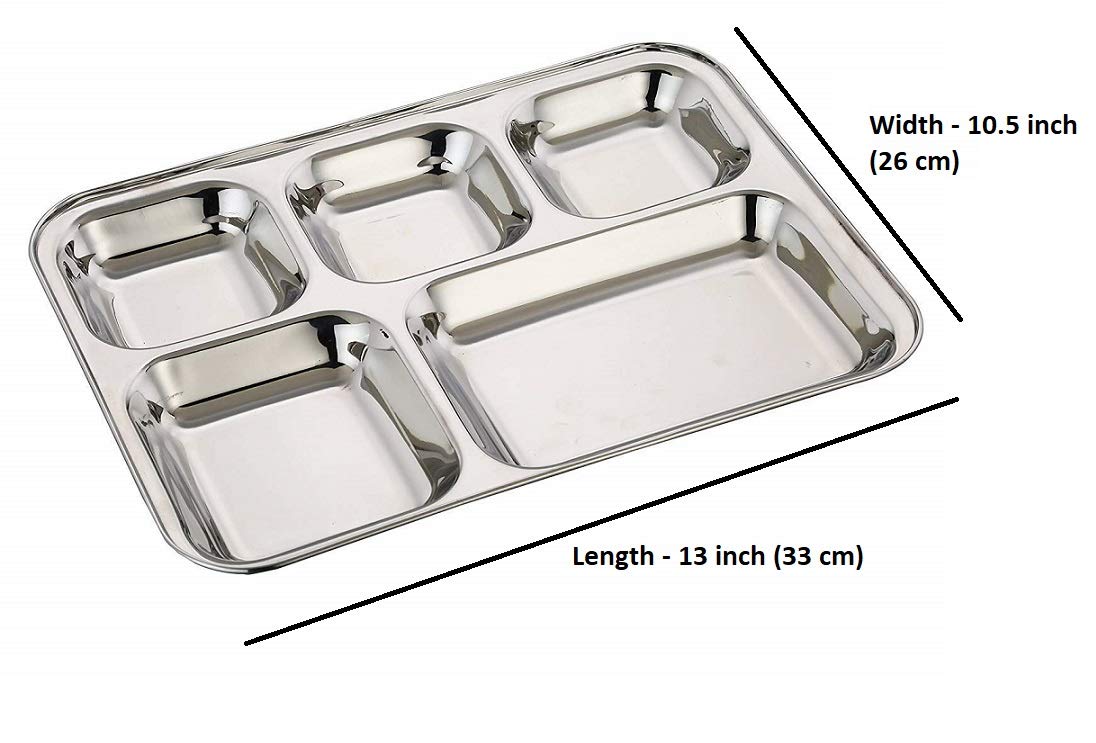 Khandekar Pack Of 2 Stainless Steel Lunch Plate, 5 Compartment Thali, Food Divided Plates, Dinner Plate Outdoor Camping And Ever