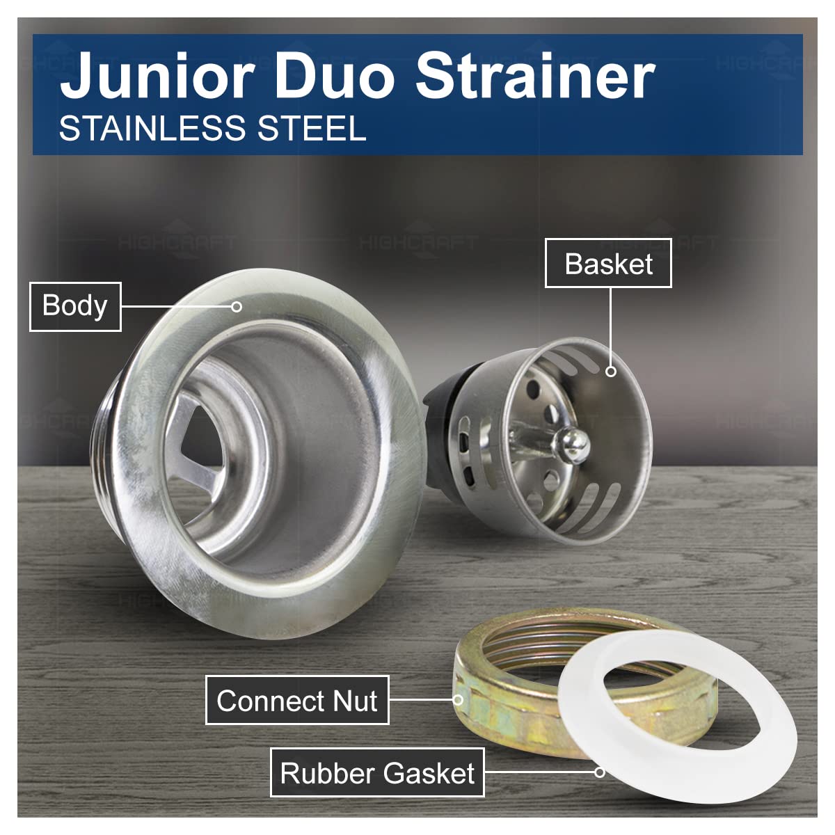 Highcraft 9773 Bar/Prep Sink 2 1/2 Junior Duo Stainless Steel Drain Assembly With Strainer Basket And Rubber Stopper