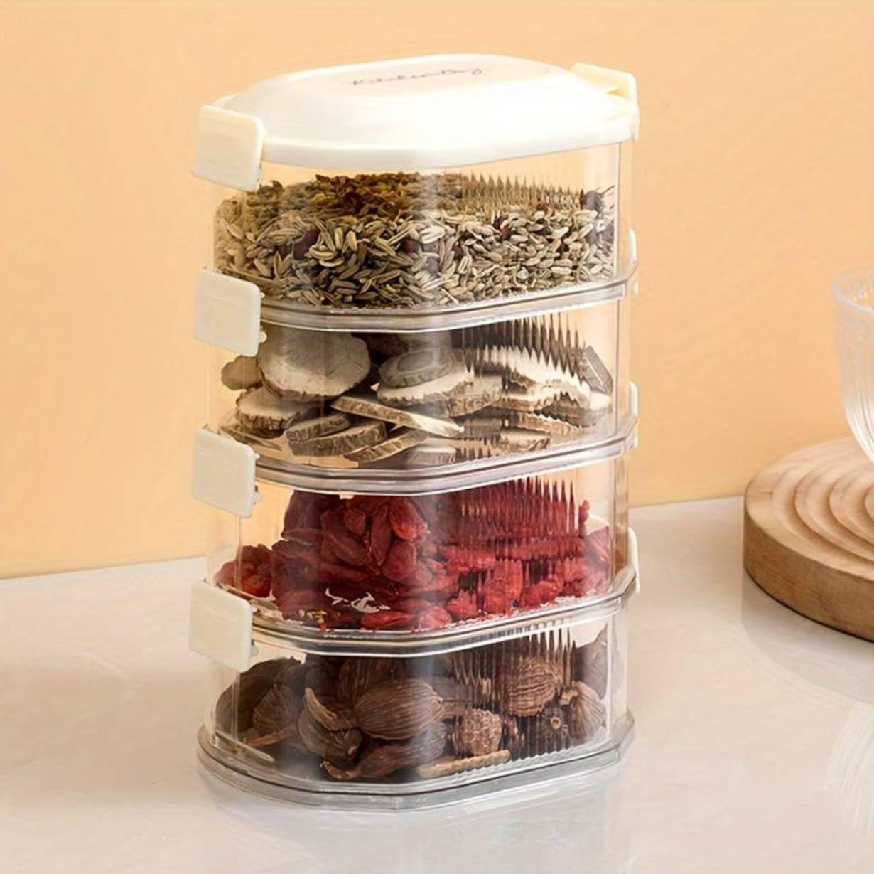 7Seas Sealed Seasoning Rack Stackable Herb Spice Holder Box|Airtight Organizer For Kitchen Storage|4Layer Seasoning Container Pl