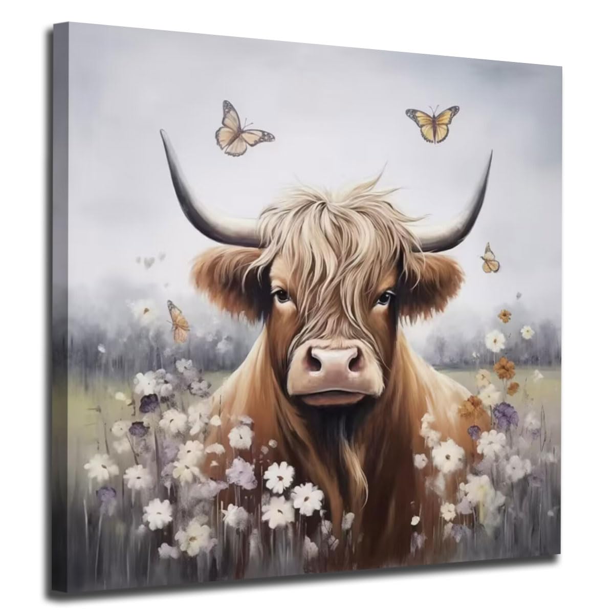 Enartly Bathroom Wall Art Highland Cow Painting Rustic Farmhouse Picture Animal Canvas Print, Nature Flower Landscape Abstract A