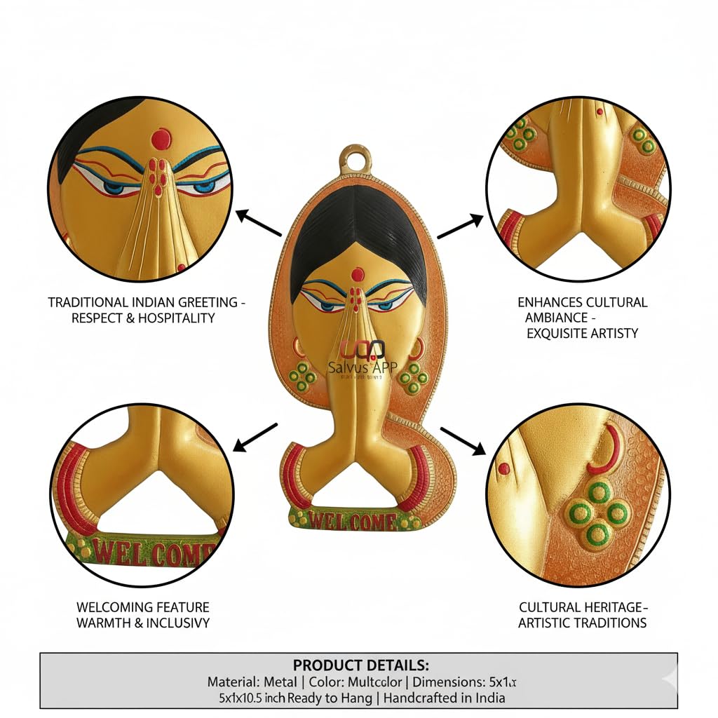 Salvus App Solutions Traditional Indian Namaste Lady Wall Hanging - Elegant Welcome Sign For Home Entrance, Vibrant Hand-Painted