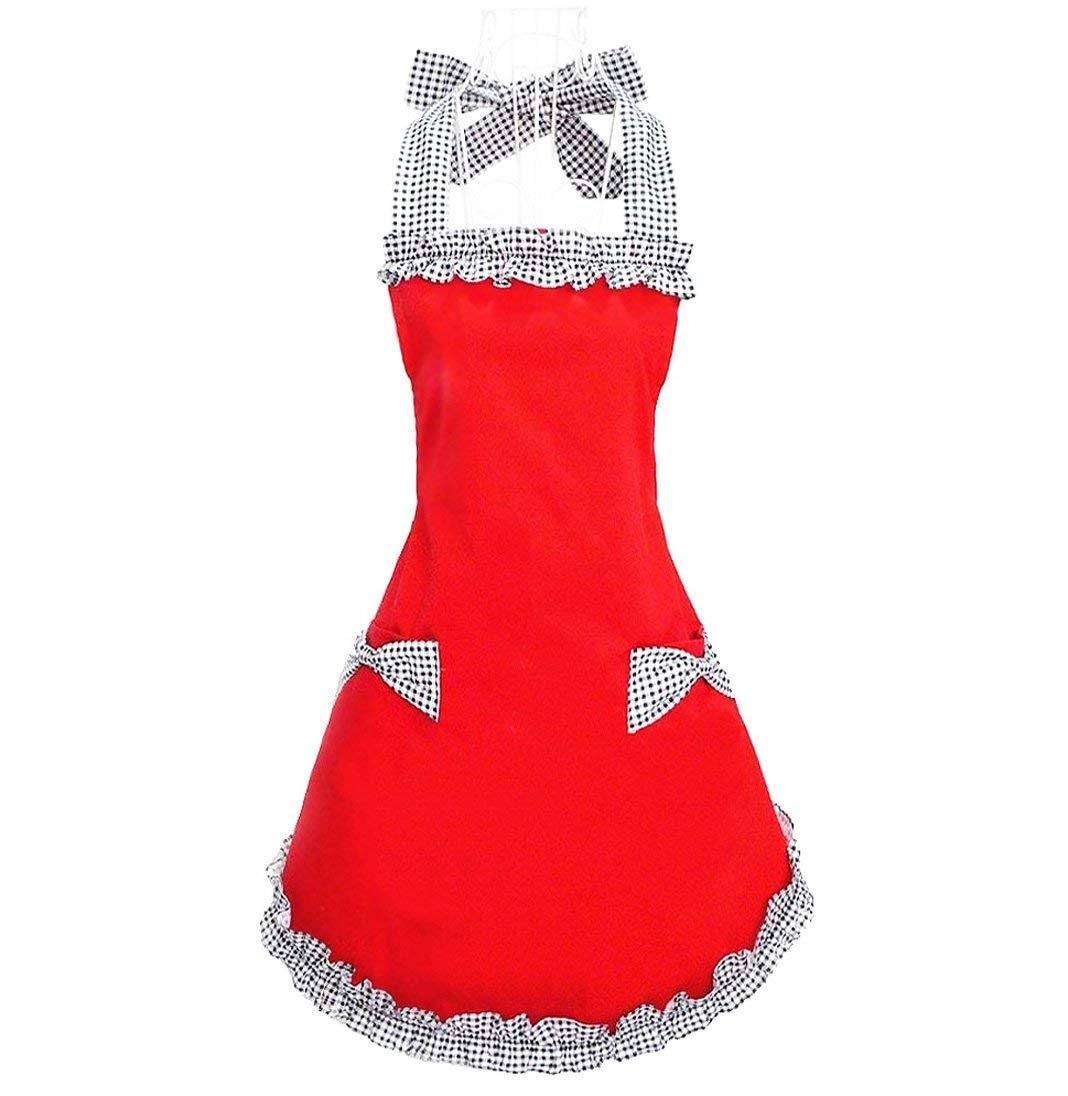 Hyzrz Cute Red Cotton Ruffle Youth Girls Apron Kitchen Cooking Aprons For Women With Pockets