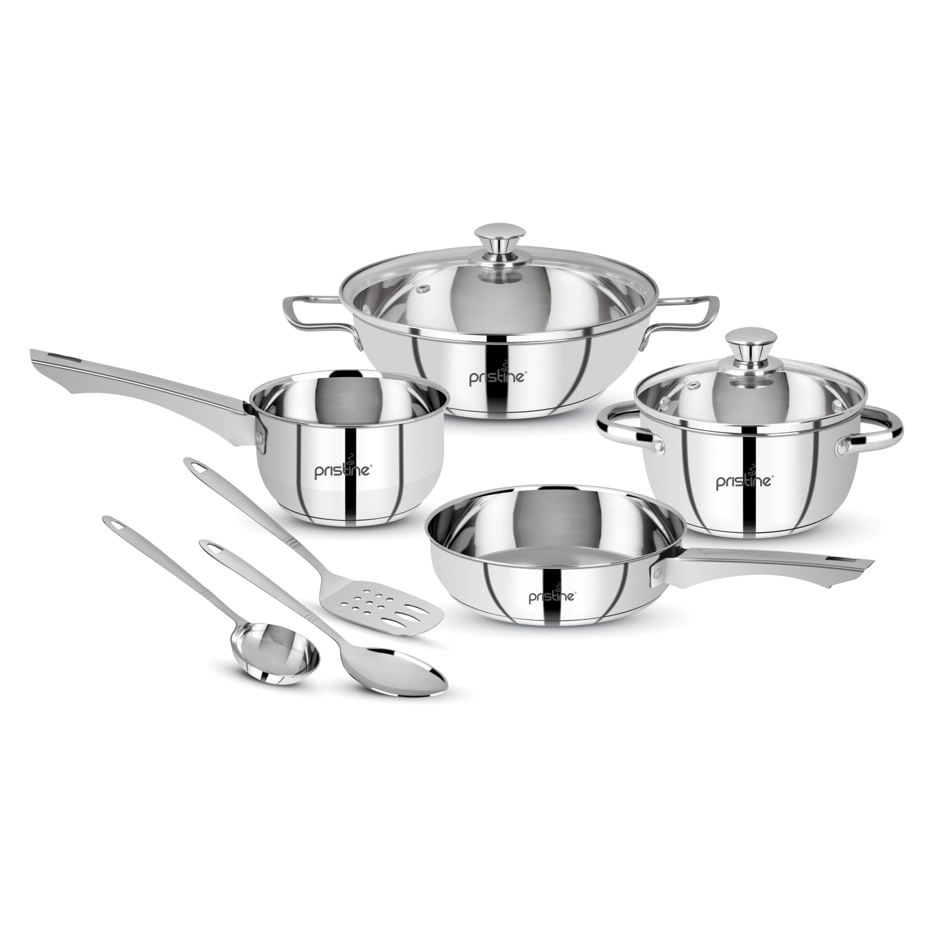 Pristine Tri Ply Induction Base Cooking Essential Stainless Steel Cookware Set |1 Sauce Pan, 1 Casserole, 1 Fry Pan, 1 Kadhai & 