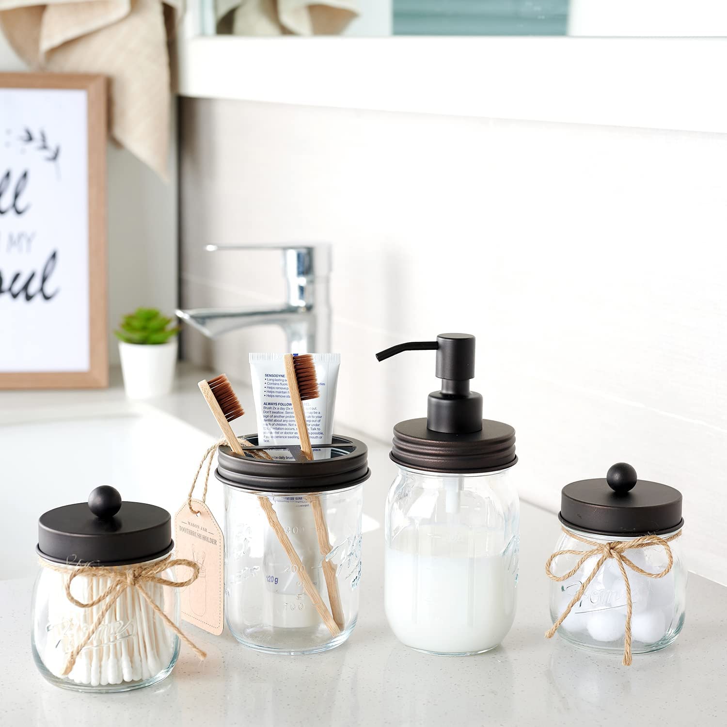 Amolliar Mason Jar Toothbrush Holder- Rustproof Stainless Steel - Holds 2 Toothbrushes And Toothpaste,With Chalkboard Labels - F