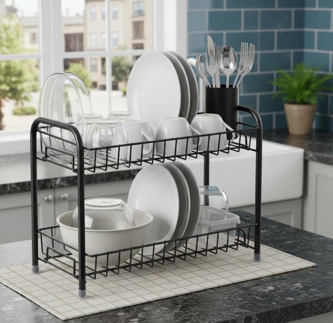 Anjil Steel 2Tier Foldable Kitchen Storage Rack For Spices, Jars And Bottles, Countertop Organizer, Black