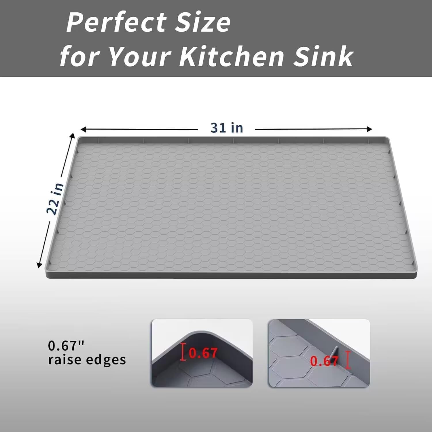 Under Sink Mat For Kitchen Waterproof, 31 X 22 Flexible Silicone Under Sink Liner With Drain Hole, Kitchen Bathroom Cabinet Mat
