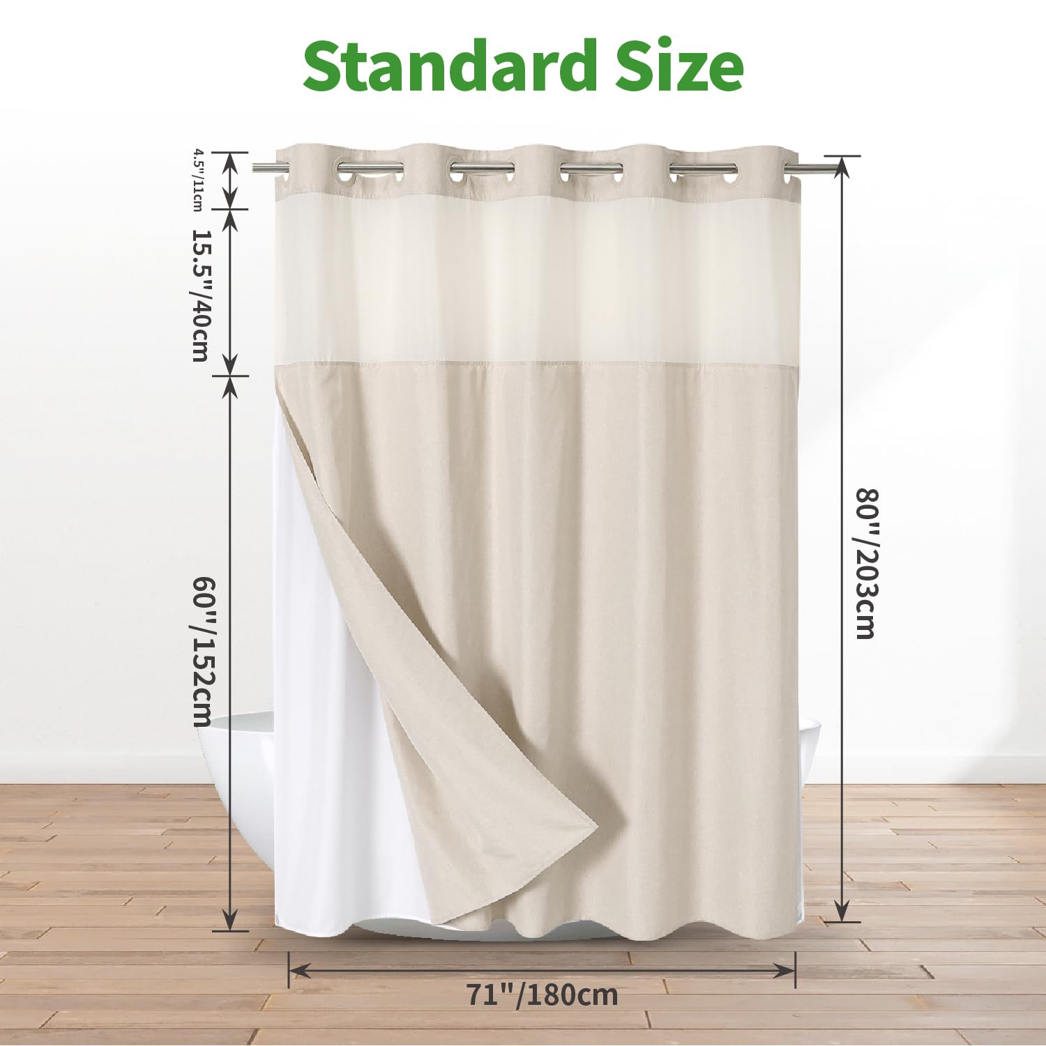 Eachope Long No Hooks Needed Linen Textured Shower Curtain With Snap-In Fabric Liner Set,Cream Hotel Luxury Decor Shower Curtain