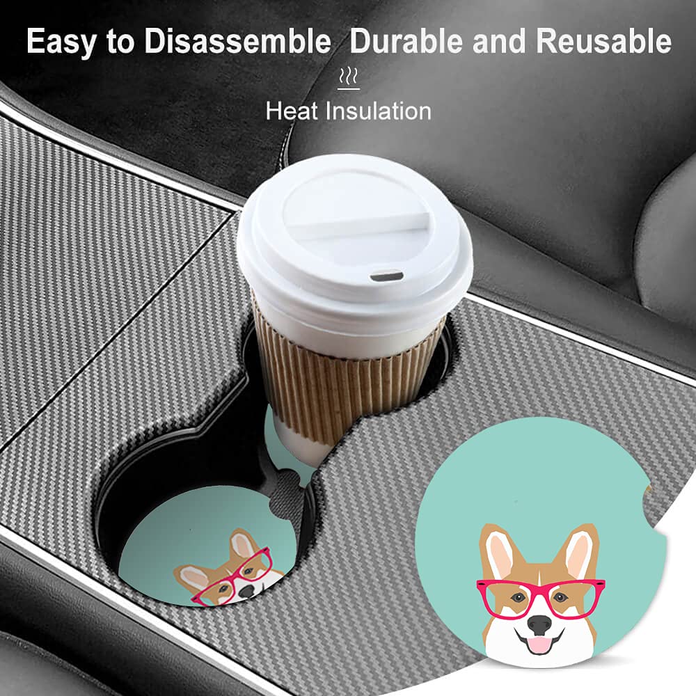 Corgi Cute Puppy Absorbent Cup Holders Car Coasters Ceramic Stone Drinks Coaster Set Corgi Gifts for Dog Lovers and Pet Owners Love Corgi Puppies 2.56''(2 Pack)