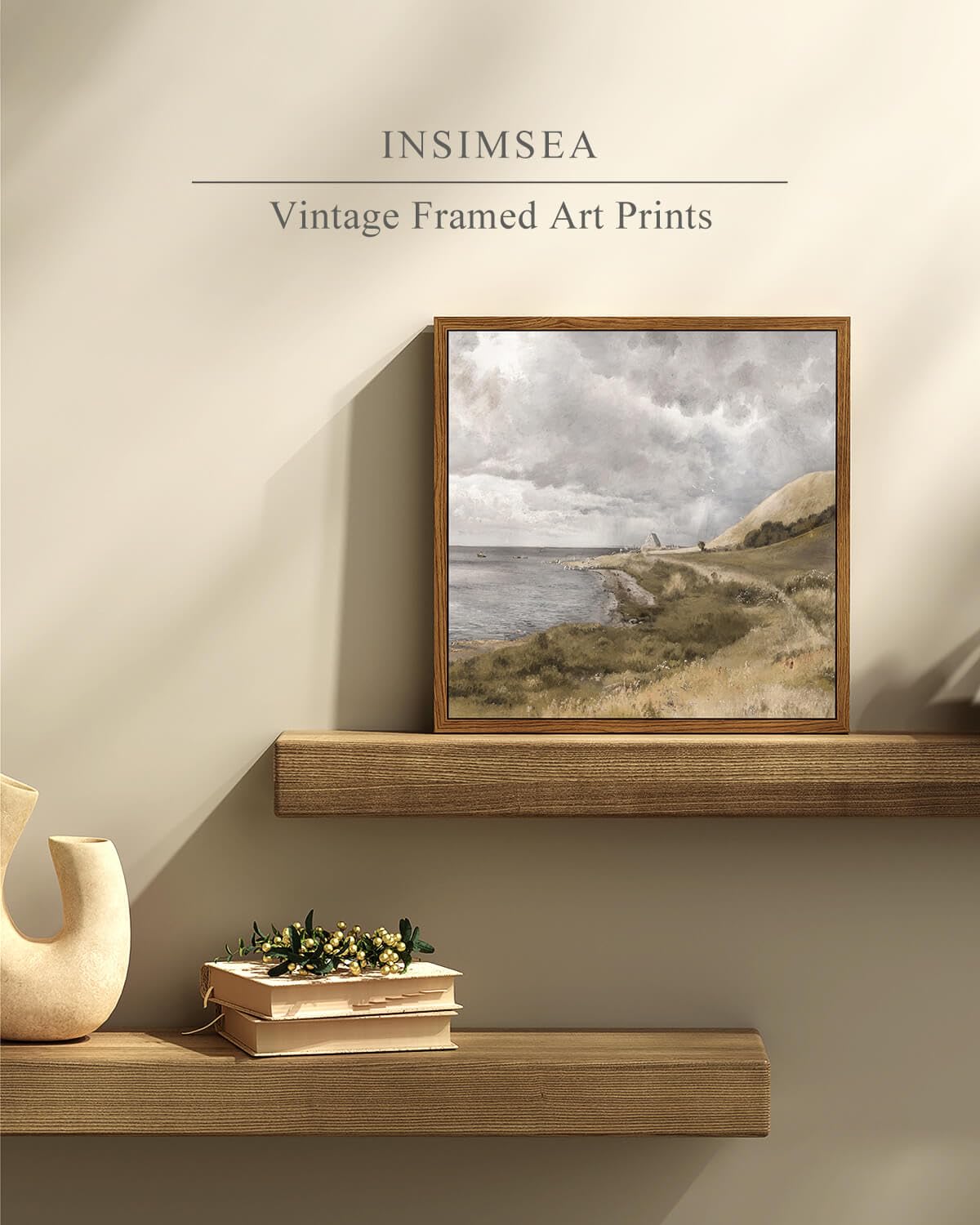 Insimsea Square Framed Canvas Wall Art, Scenery Home Decor Rustic Classical Coastal Landscape Sky Clouds Paintings, Desk Decor A