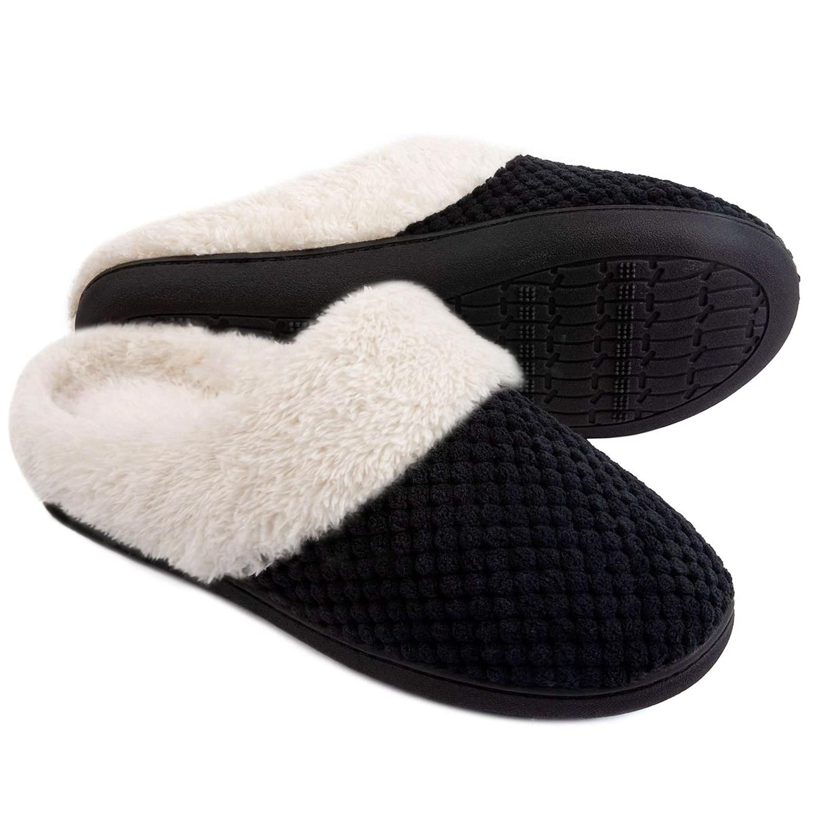 Ultraideas Comfy Coral Fleece House Slippers For Women With Memory Foam, Slip-On House Shoes For Indoor And Outdoor Use (Crow Bl