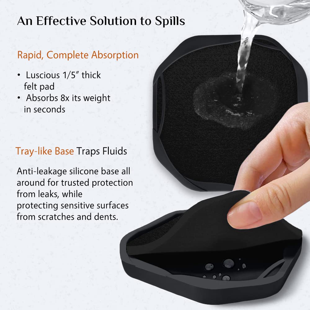 UMIRRO Absorbent Coasters for Drinks with Holder  Black Silicone Coasters with Soft Felt Inserts for Wooden Coffee Table  Cool Modern Cup Mats for Tabletop Protection  Set of 6