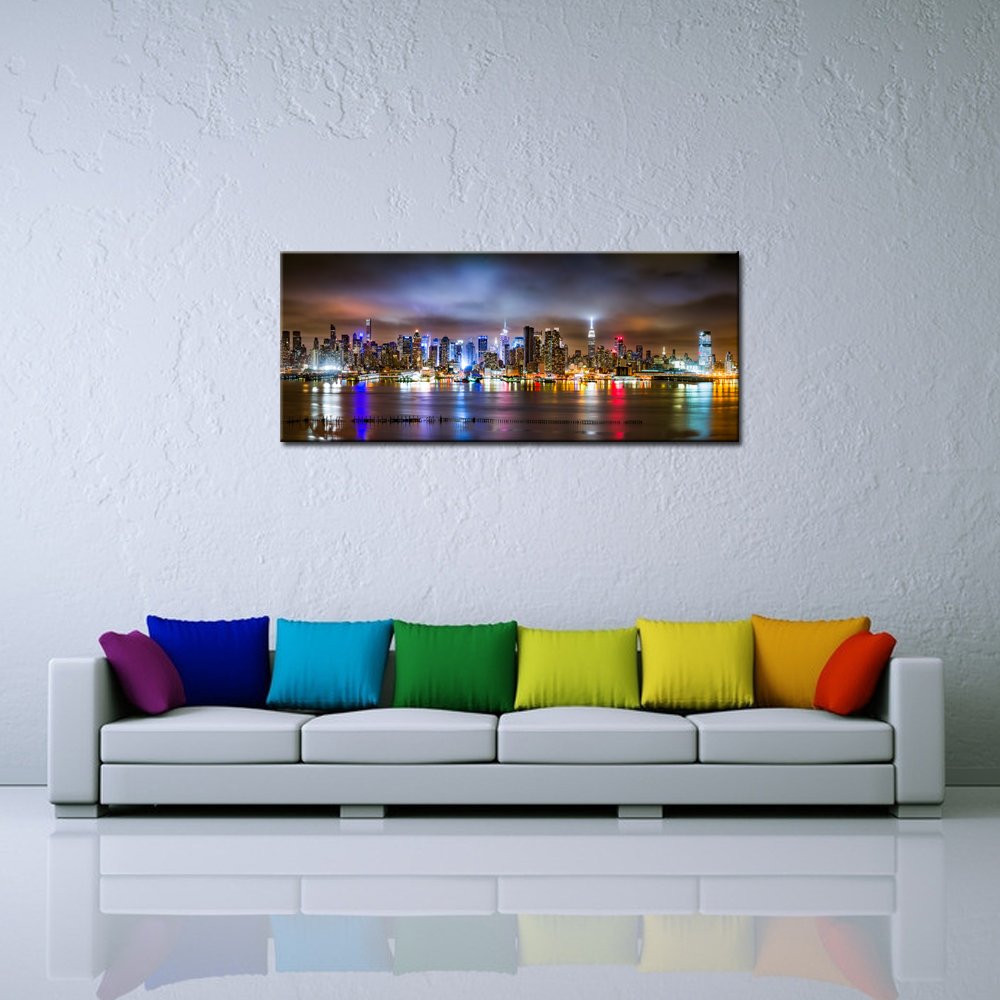 sechars - New York City Canvas Wall Art Manhattan Skyline Panorama on Cloudy Night Picture Giclee Art Print Modern Home Office Wall Decoration Stretched Canvas Ready to Hang