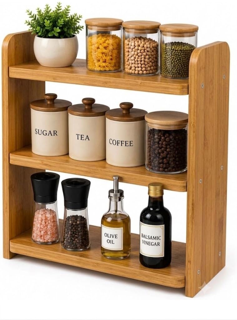 Live Store 3Tier Kitchen Organizer Rack for Countertop, Engineered Wood Spice Rack Shelf, Space Saving Storage Stand for Kitche