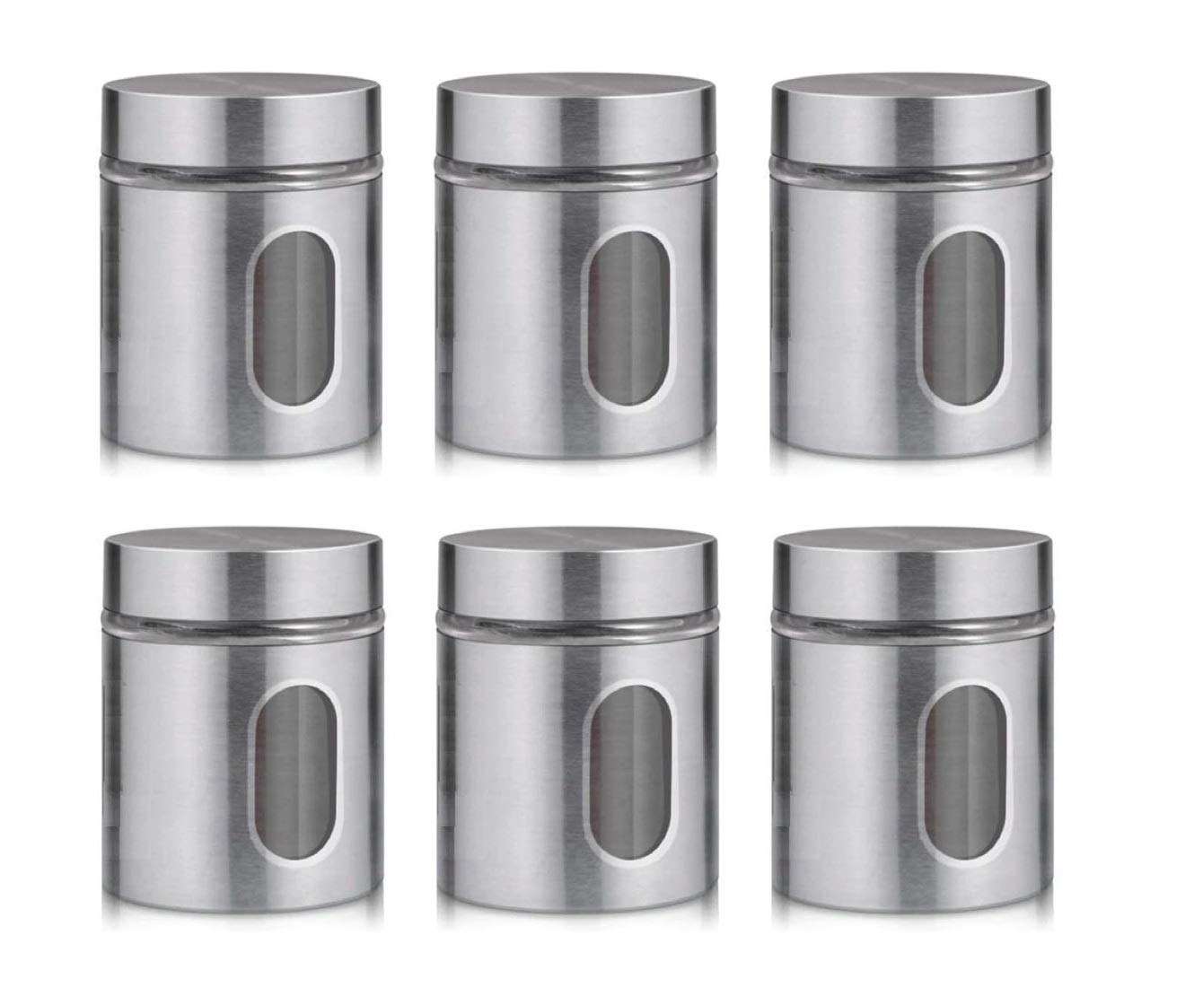 Homies, Set Of 6 Pcs, Stainless Steel Plated Glass Kitchen Canister, Airtight Food Storage Jars With Lid, Visible Window Seasoni