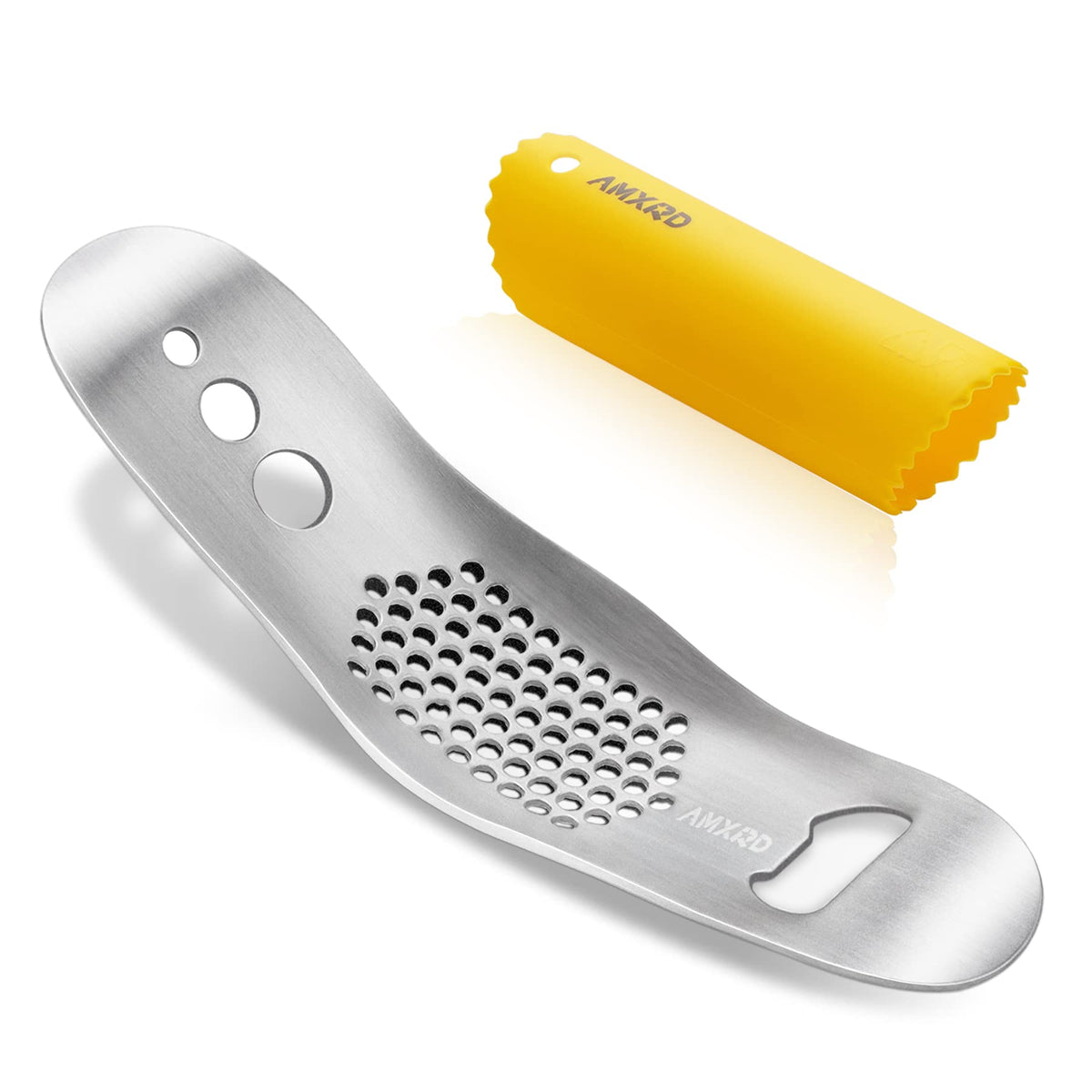 Amxrd Garlic Press Rocker & Silicone Peeler (Random Color), Stainless Steel Garlic Mincer, Herb Stripper & Leaf Zipper, Dishwash
