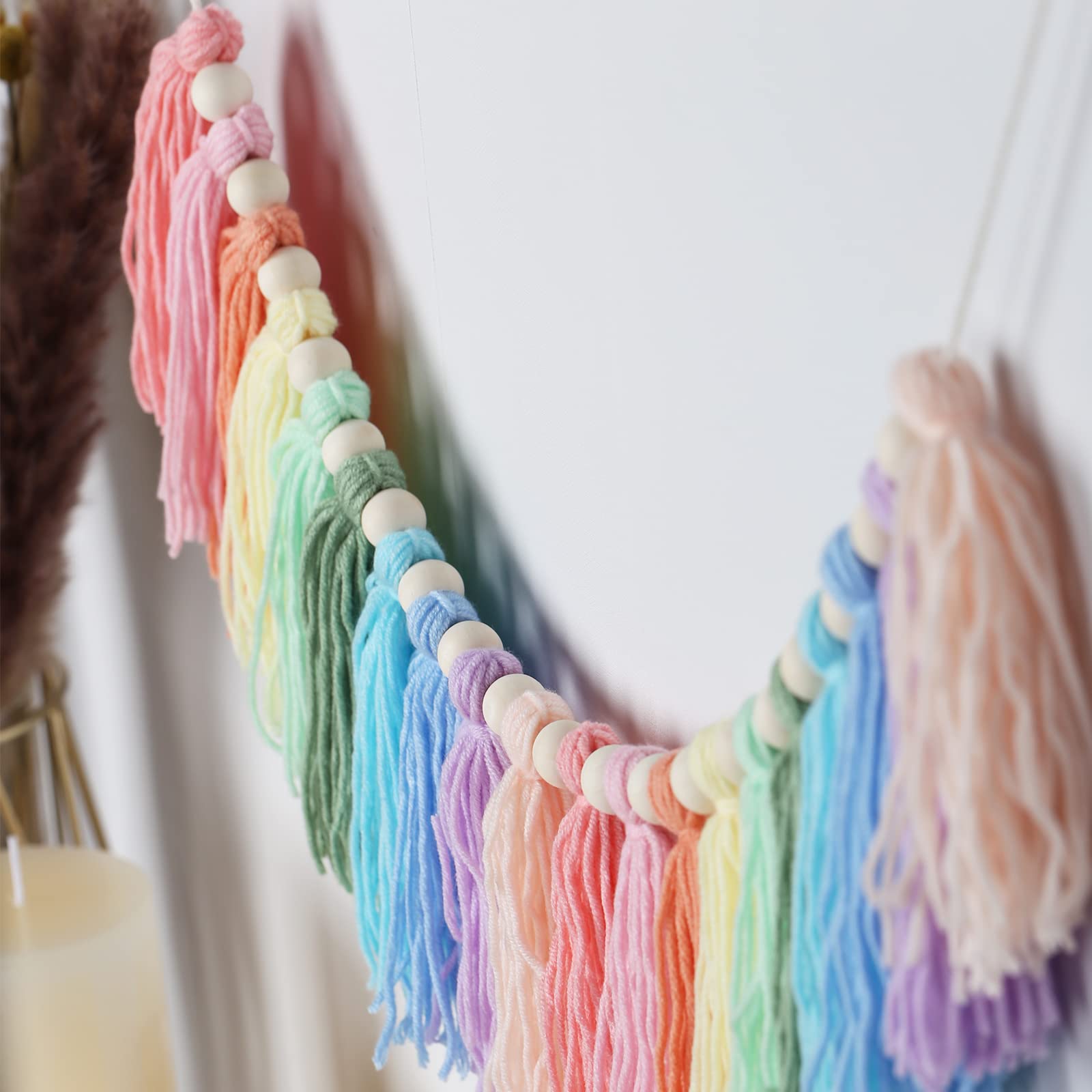 Pastel Rainbow Tassel Garland - Boho Tassel Garland with Wood Beads - Wall Decor for Dorm, Girls Room and Nursery Room for Home