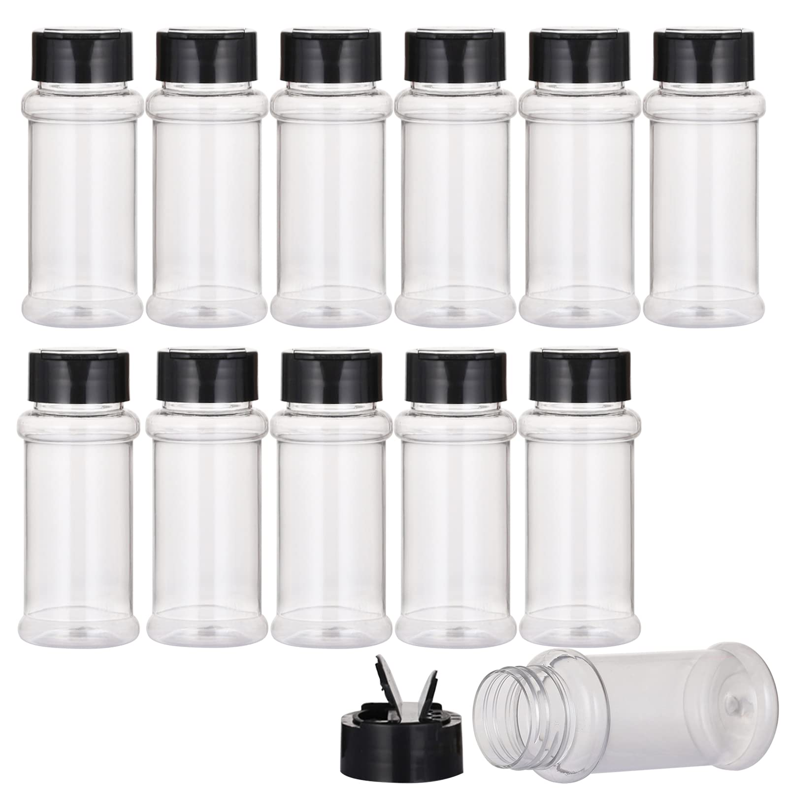 Feoowv 12 Pack - 3.3 Oz Plastic Spice Jars Bottles Containers With Black Screw Lids To Pour Or Shake - Perfect For Storing Spice