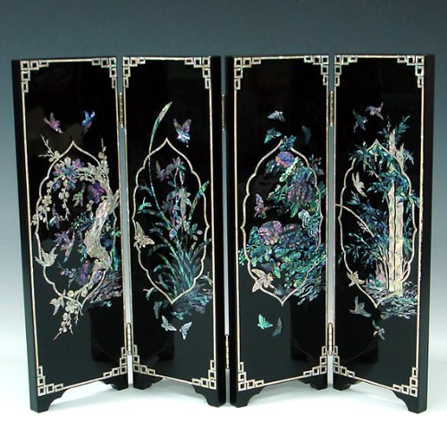 Mother of Pearl Inlay Art Orchid, Chrysanthemum, Bamboo and Plum Flower Design Decorative Black Wood Mini Folding Screen Wall Pl