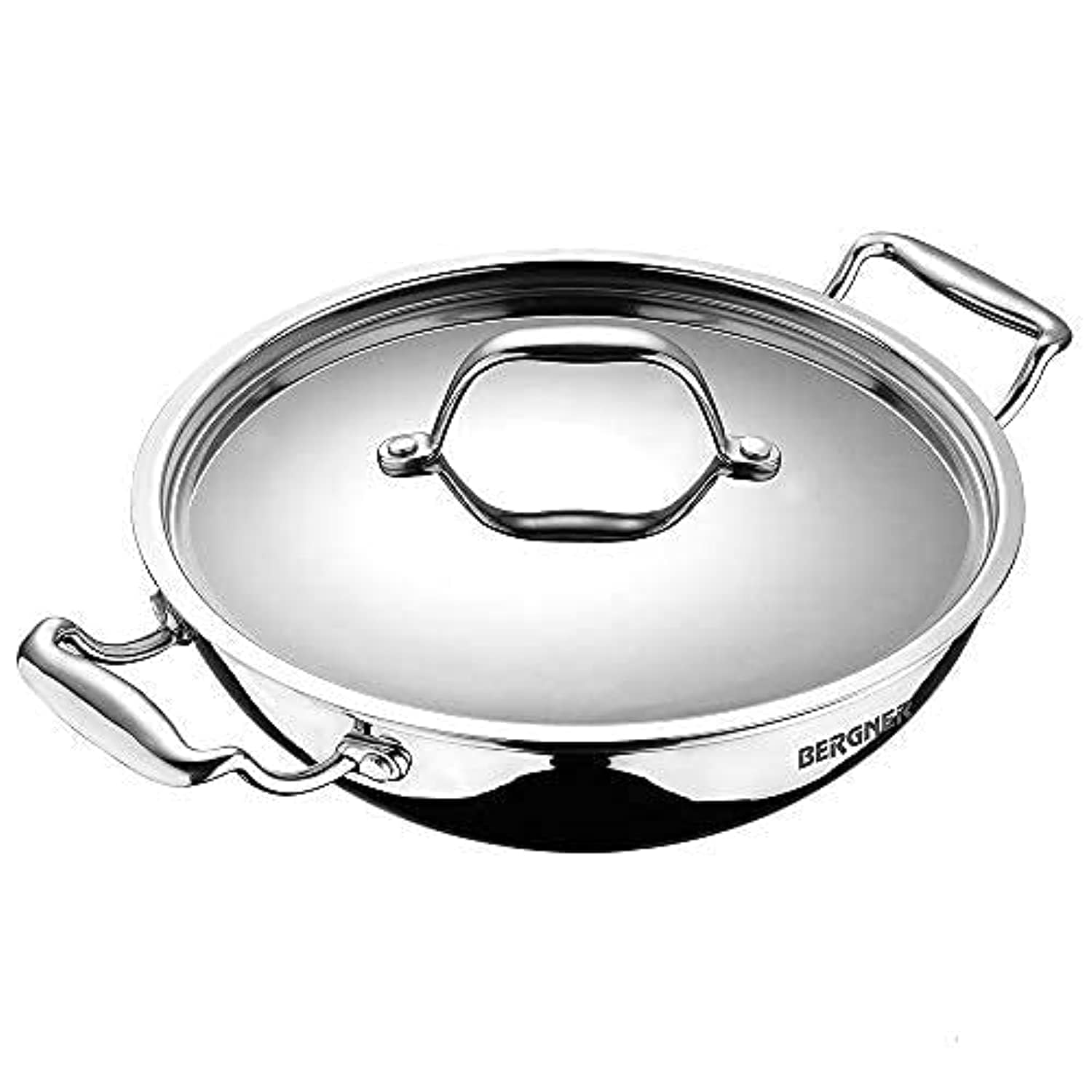 Bergner Argent Triply Stainless Steel 24Cm Deep Kadai With Stainless Steel Lid, 3.8 L Deep Kadhai, Food Safe, Stay Cool Cast Han