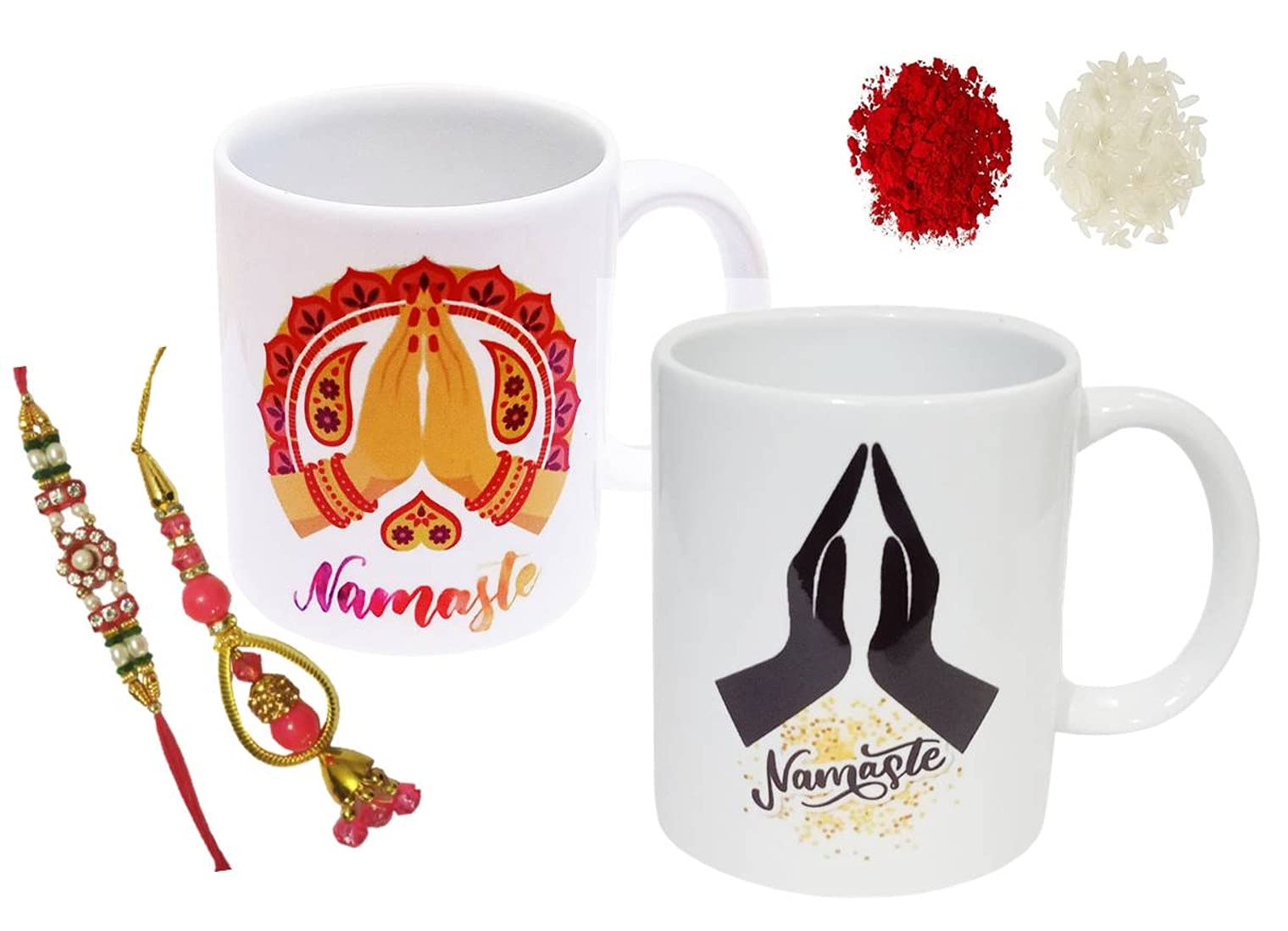 Purpledip Rakhi Hamper for Bhaiya & Bhabhi : 2 Ceramic Mugs Namaste Design, 2 Designer Rakshabandhan Bracelets & Roli Chawal (ra