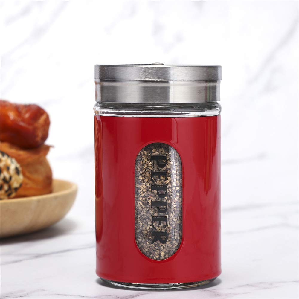 Salt And Pepper Shakers Stainless Steel And Glass Set With Adjustable Pour Holes (Red)