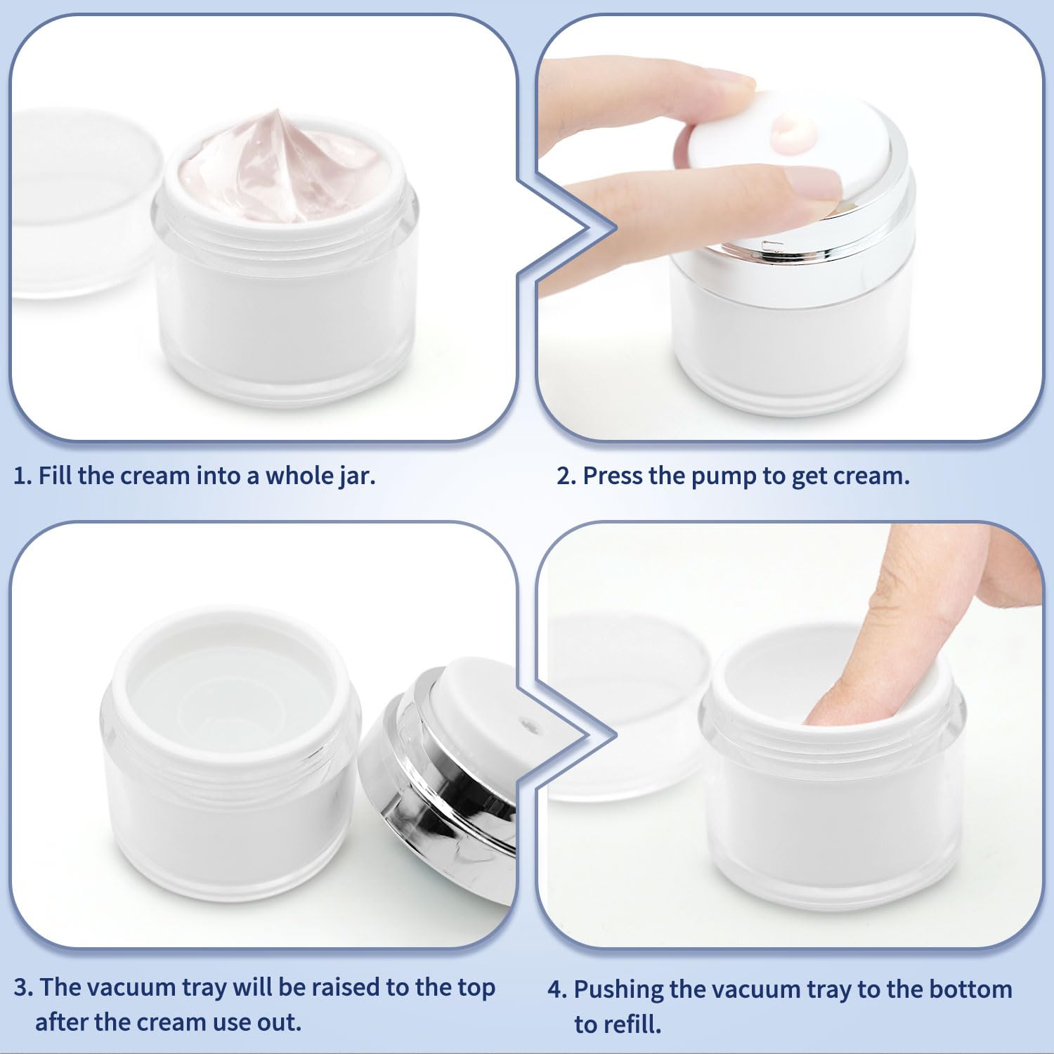4 Pcs Airless Pump Jar With Labels, Refillable Cream Jar Vacuum Bottle Travel Size Empty Container For Cream And Lotion (Top(2 X