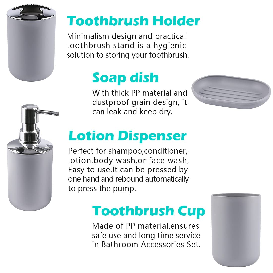 Papillon Bathroom Accessories - 6 Piece Plastic Gift Toothbrush Holder,Toothbrush Cup,Soap Dispenser & Dish,Toilet Brush Holder,