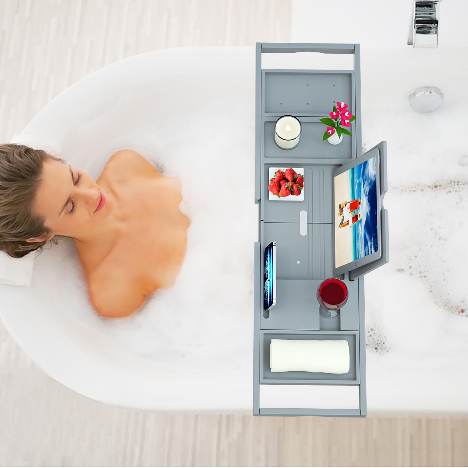 Premium Bamboo Bathtub Caddy Tray - Bath Tray - Bath Tub Tray Table For Bathtub - Bath Caddy Tray For Bathtub, Expandable Size,