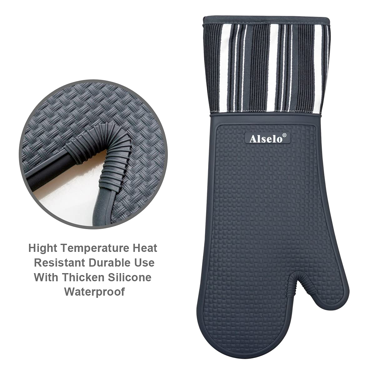 Alselo Silicone Oven Mitts Heat Resistant 550 Degree Extra Long Kitchen Gloves Pot Holders With Waterproof And Non-Silp For Baki