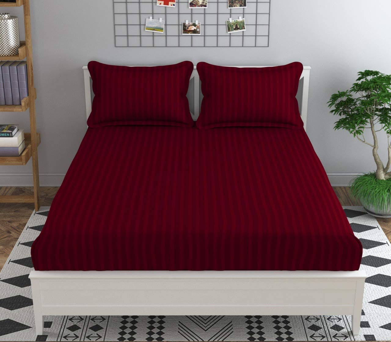 Kawi Satin Cotton 210 Tc Striped Elastic Fitted Bedsheet Queen Size (78X72Xup To 6 Inches Mattress)-Red Color