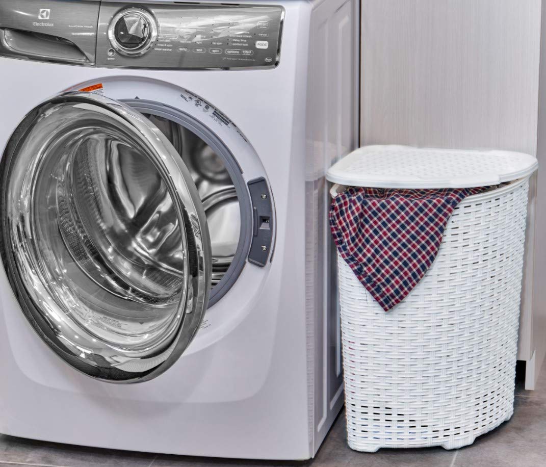 Designed Corner Laundry Hamper With Lid, Curved Plastic Laundry Basket, Triangle White Cloths Hamper Organizer With Cut-Out Hand