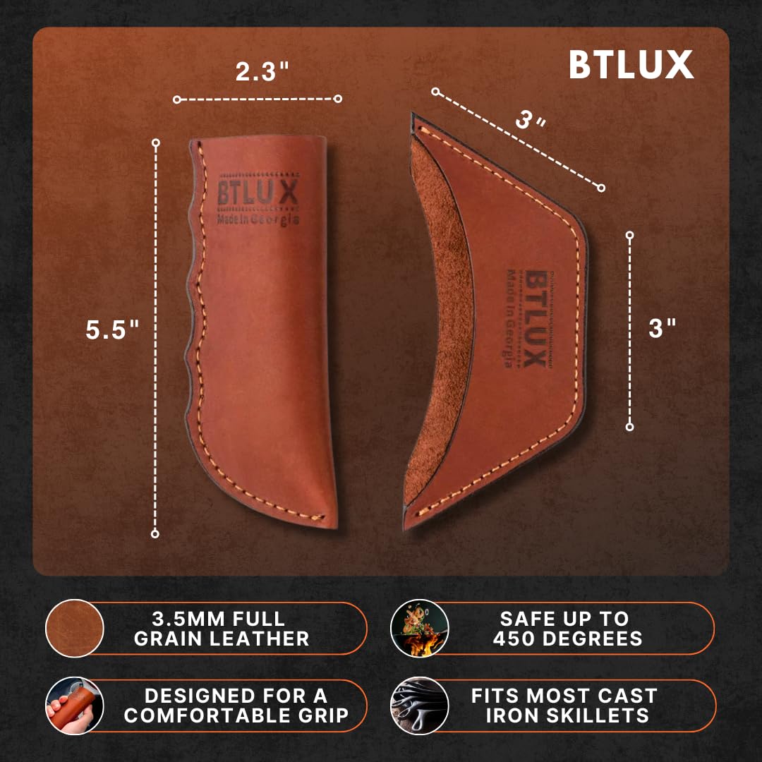 Btlux Made In Georgia - Leather Cast Iron Handle Cover, Set Of 2 - Extra Thick Leather Heat Resistant Handle Sleeve For Cast Iro