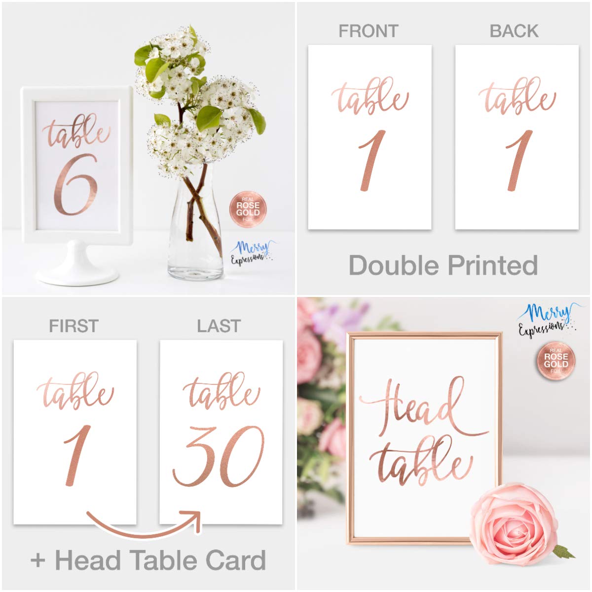 Merry Expressions Rose Gold Wedding Table Numbers 1-30, Wedding Decorations For Reception - 4X6 Inch Double Sided