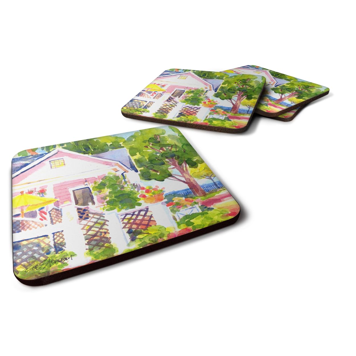 Carolines Treasures White Cottage at the Beach Foam Coasters (Set of 4), 3.5 H x 3.5 W, Multicolor