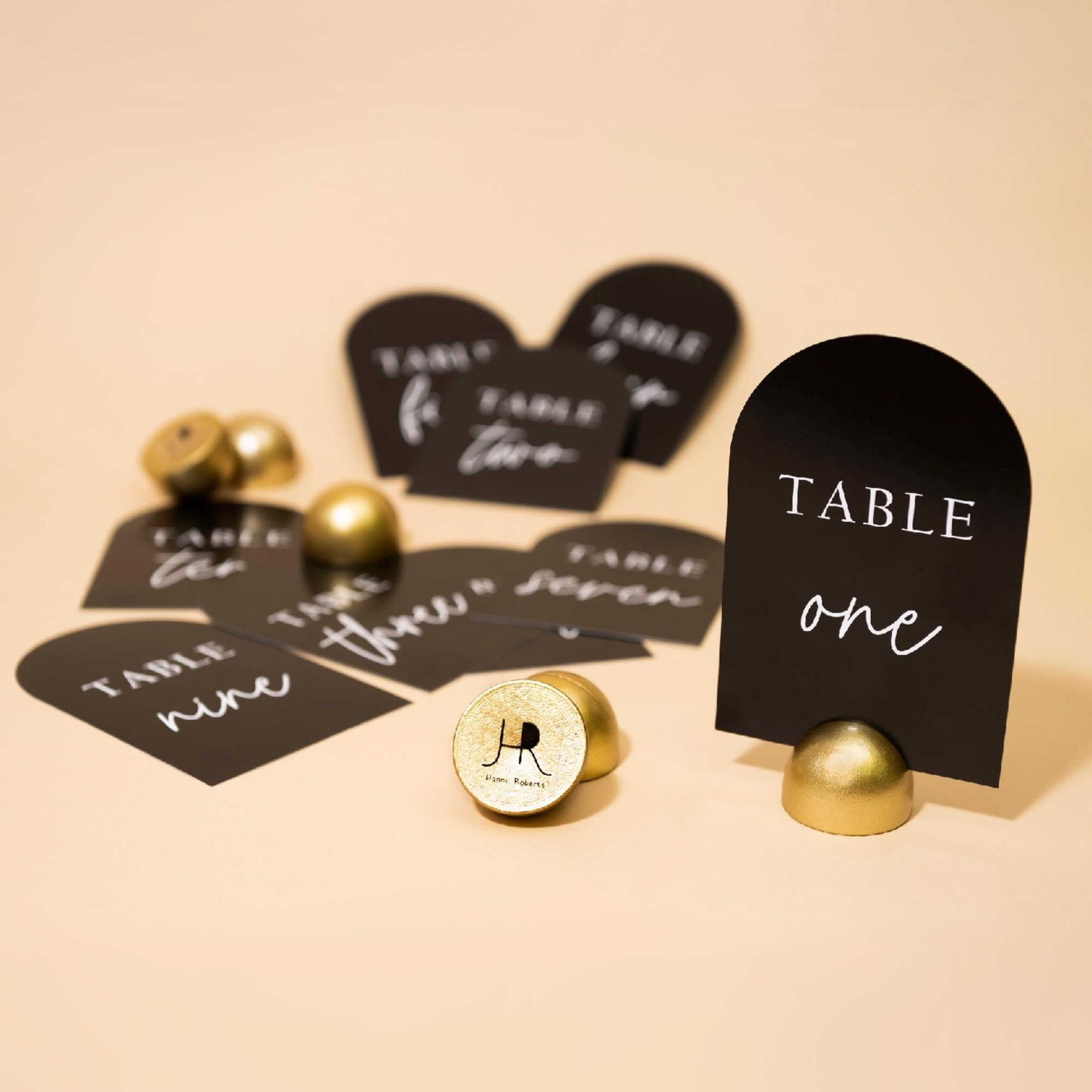 Hanna Roberts Modern Cursive Table Number Black Card Stock Half Circle Signs With Round Stand For Wedding Reception, Restaurant,