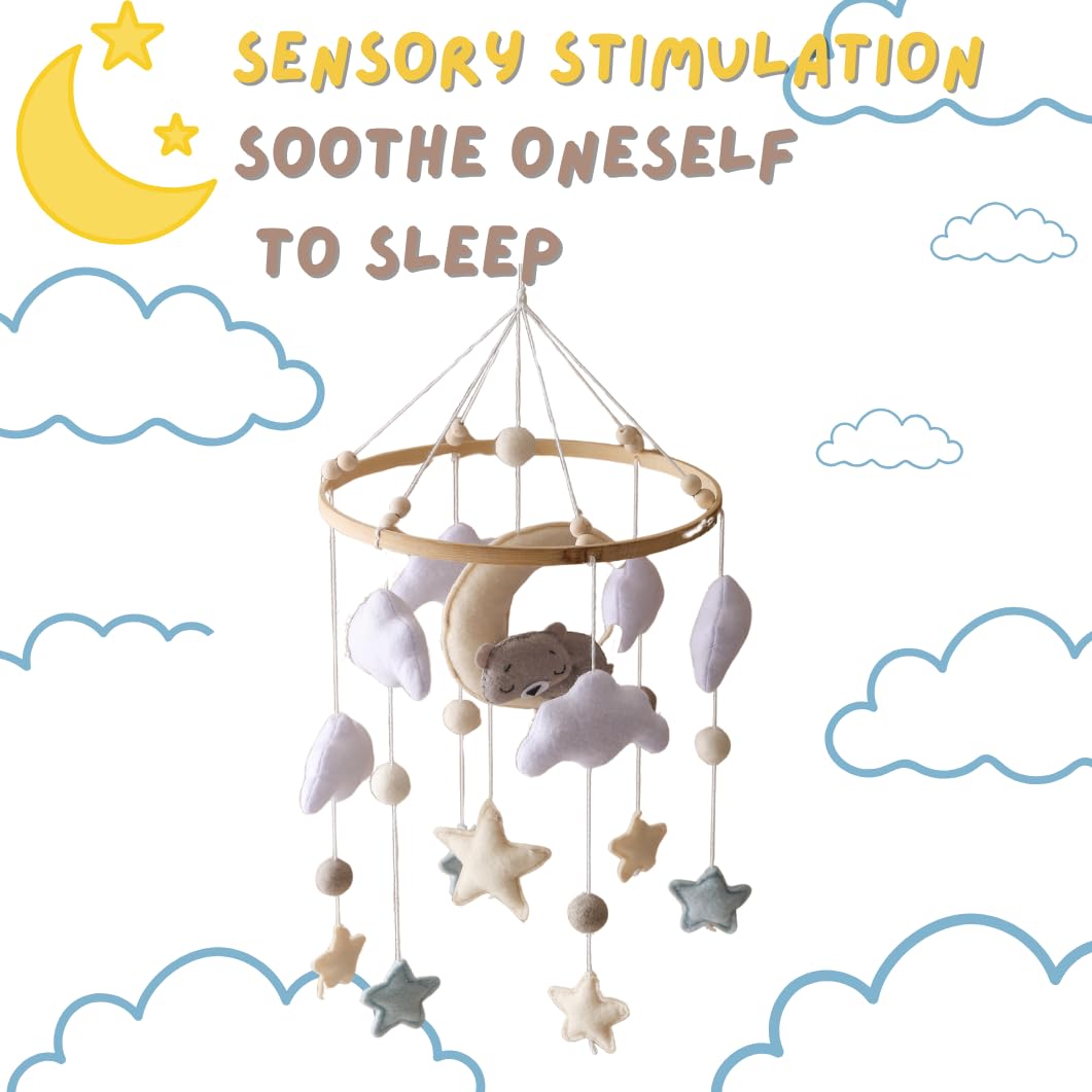 GOODMOM Sleeping Bear Baby Crib Mobile Handmade Soothing Bedtime Baby Mobile for Crib Felt Night Mood Nursery Decor for Baby Boy