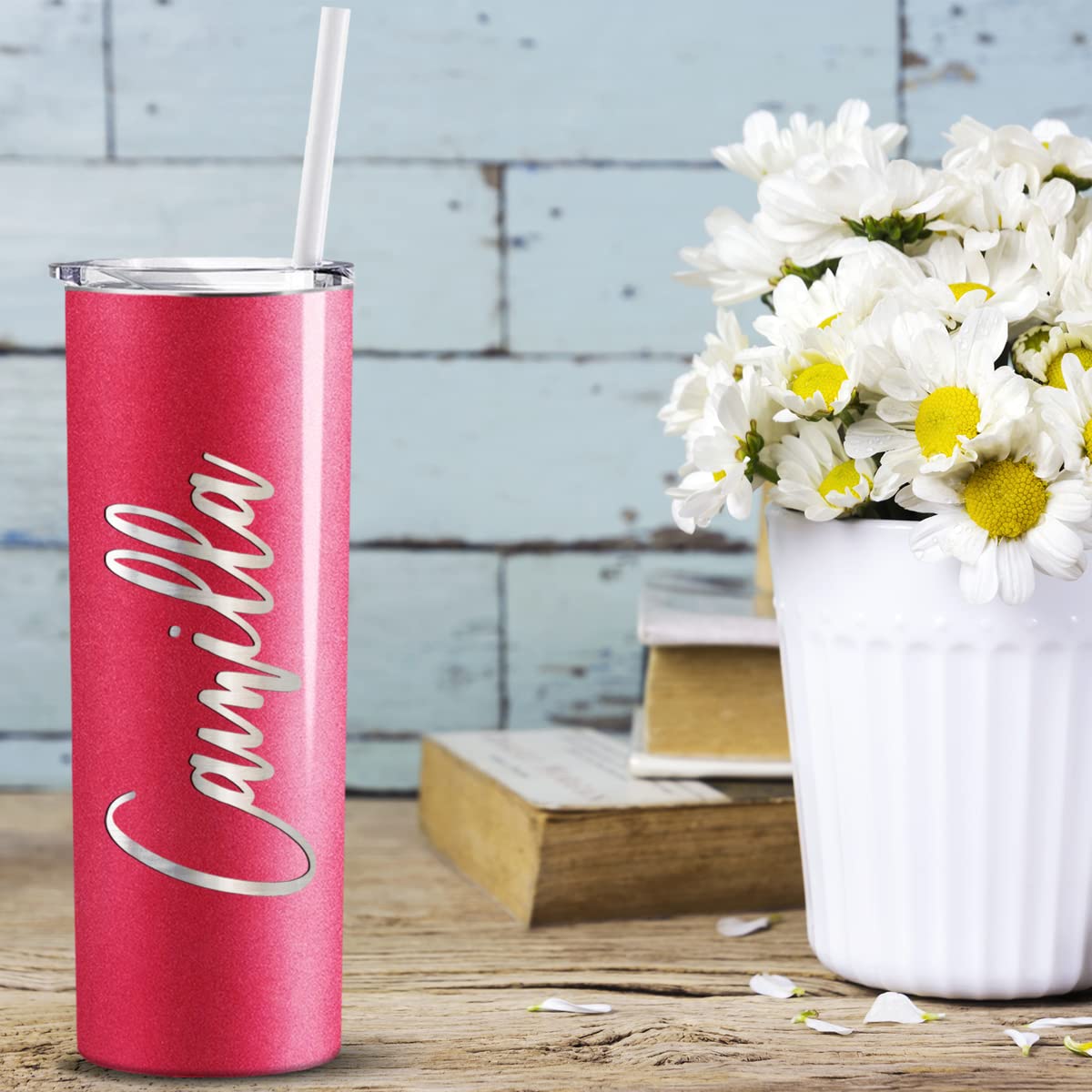 Personalized Skinny 20 Oz With Lid On Red Glitter Customized Laser Engraved Cup Gift Stainless Steel Vacuum Insulated Mug