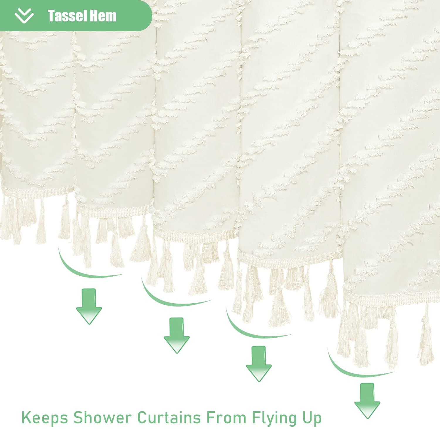 Dynamene Boho Farmhouse Shower Curtain, Cream Fabric Tufted Chevron Striped Textured Tassel Shower Curtains For Bathroom, Water