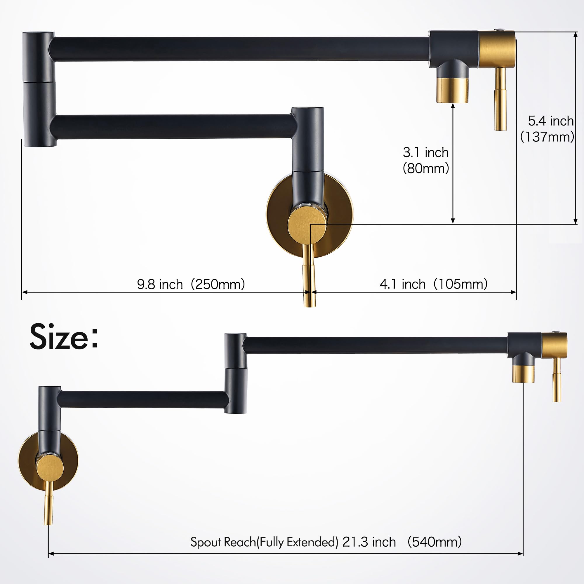 Fransiton Black & Gold Pot Filler, Pot Filler Faucet Wall Mount, Brass Folding Stretchable With Double Joint Swing Arm Single Ho
