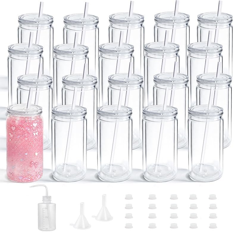 YOUKE OLA 20 Pack Acrylic Snowglobe Tumbler PreDrilled Double Wall Plastic Clear Cup for Glitter Snow Globe with Clear Lid & St