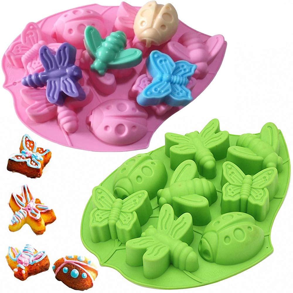 Hiparty 2Pcs 8 Cavity Insect Butterfly Dragonfly Bee Ladybug Silicone Cake Molds Ice Tray Pudding Jelly Dessert Chocolate Mould