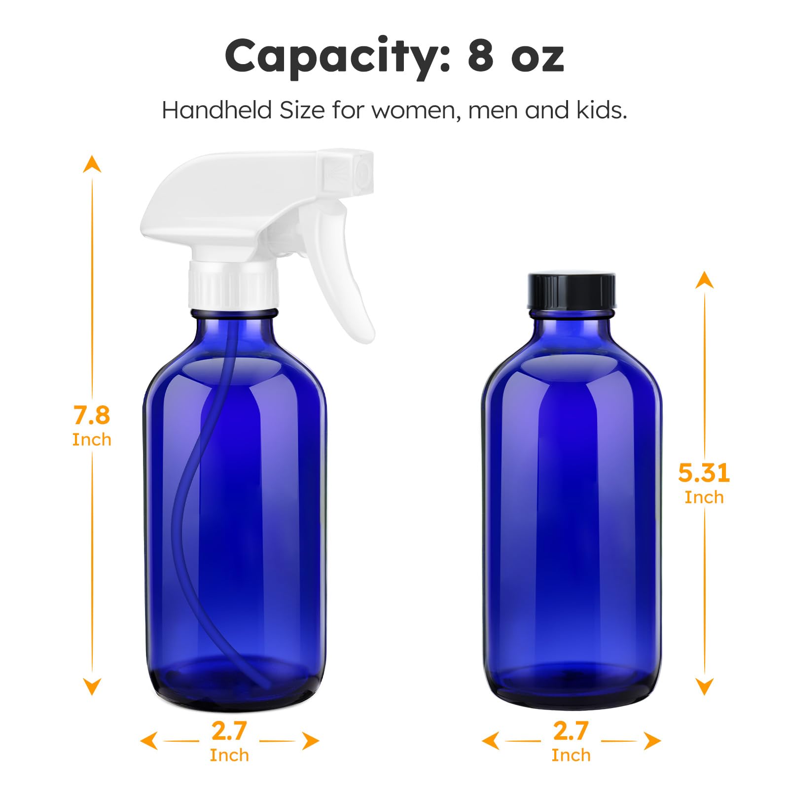 Tecohouse Glass Spray Bottle 8 Oz, Blue Small Empty Refillable Sprayer Container With Labels, Funnel, Lids, Graduated Pipettes -