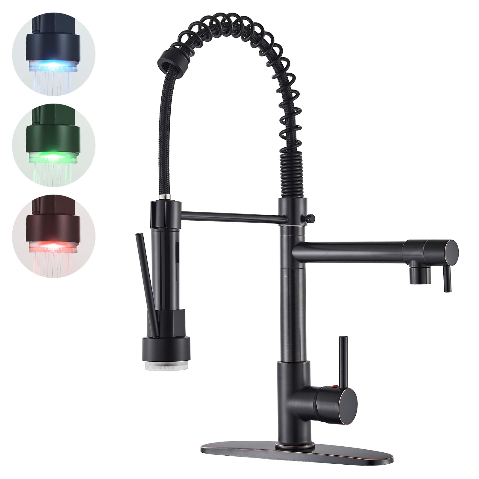 Pull Down Kitchen Sink Faucet with Sprayer Commercial Solid Brass Oil Rubbed Bronze Kitchen Sink Faucet with LED One Hole Or 3 Hole Faucet for Farmhouse