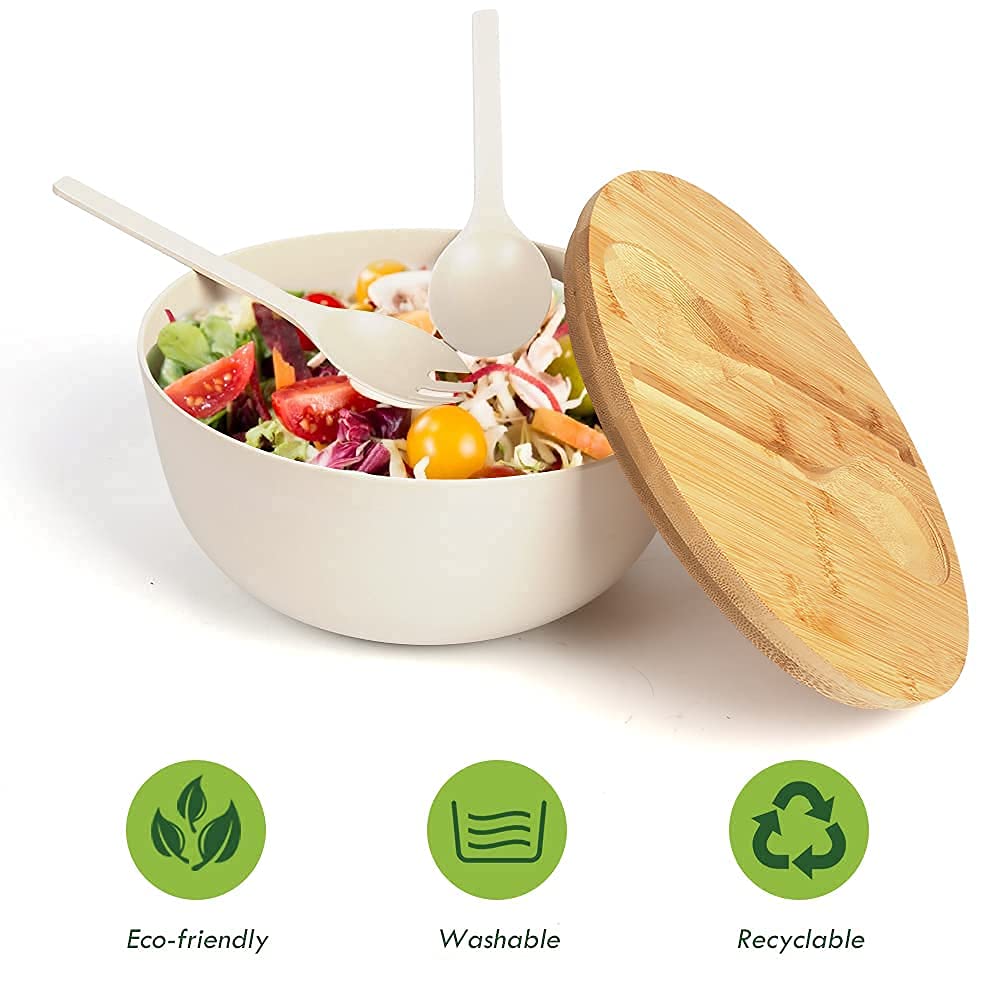 Large Salad Bowl With Lid, Bamboo Fiber Salad Serving Bowl Set With Utensils, 9.8Inches Mixing Bowl With Servers, Solid Bamboo W