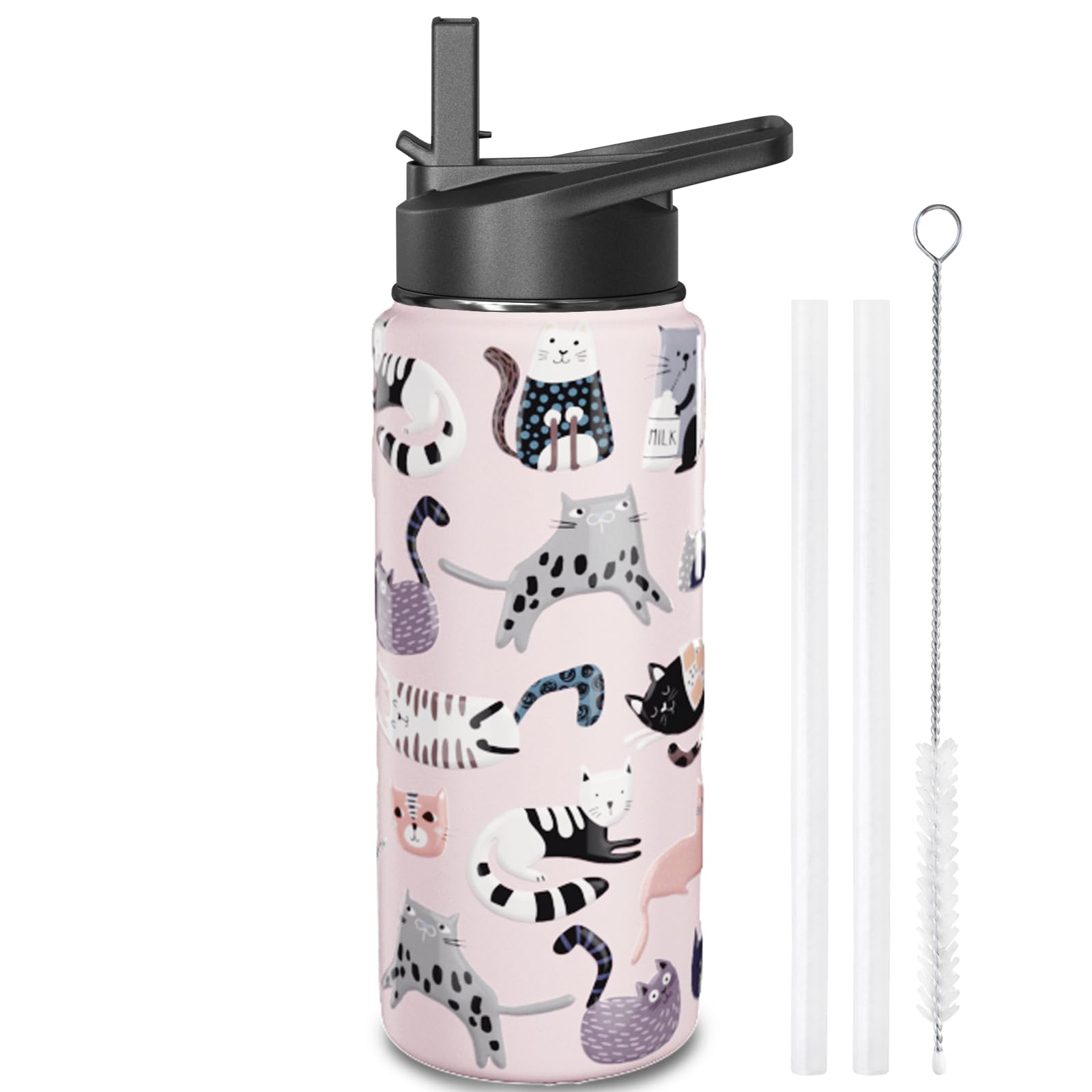 Pink Cat Water Bottles with Straw, 18 OZ Insulated Stainless Steel Waterbottle Tumbler Gifts for Women Girls