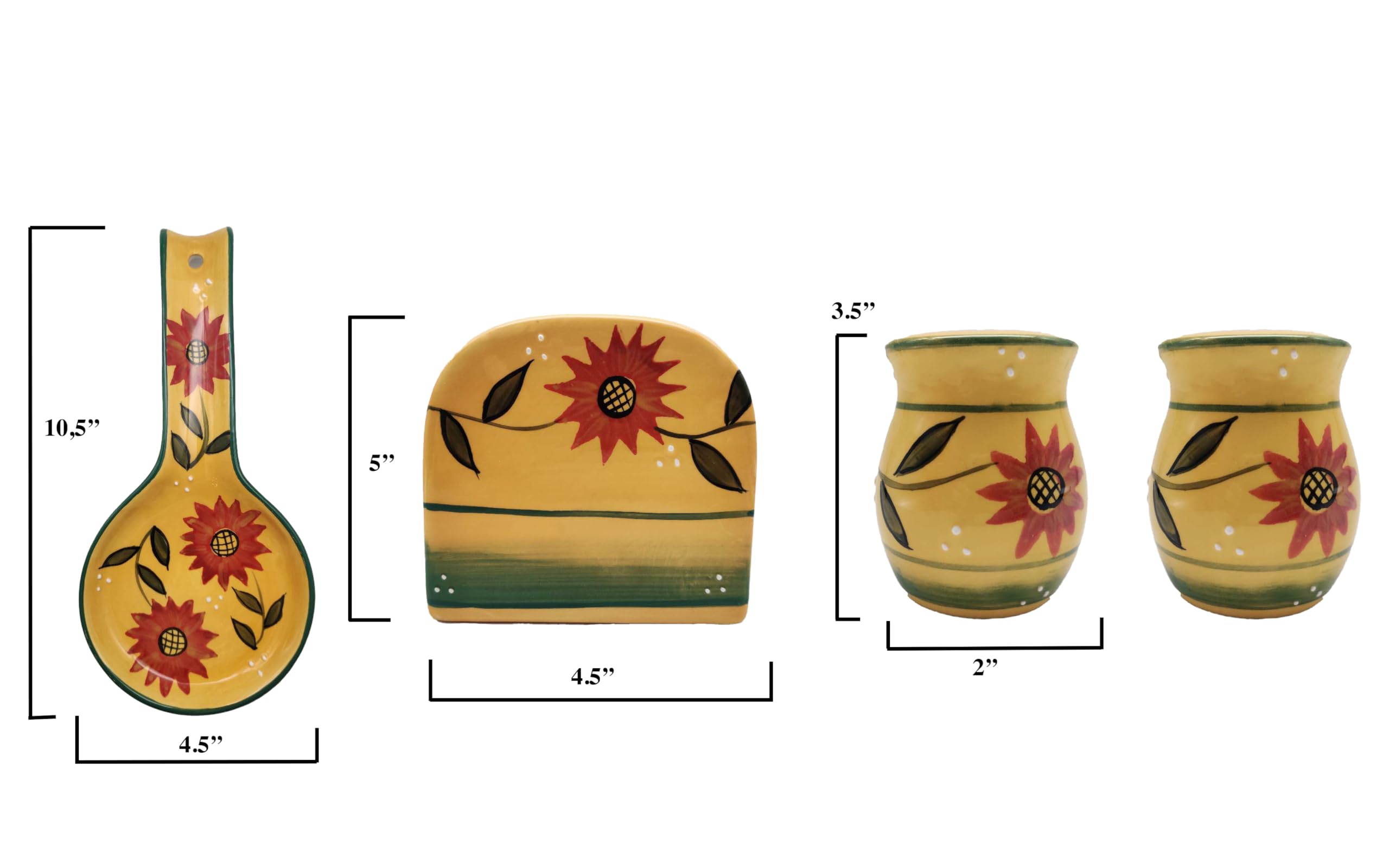 Ack Tuscany Country Sunflower Hand Painted Ceramic 4Pcs Table/Stove Top Set,Pepper/Salt Shakers,Napkin Holder And Spoon Rest,Kit