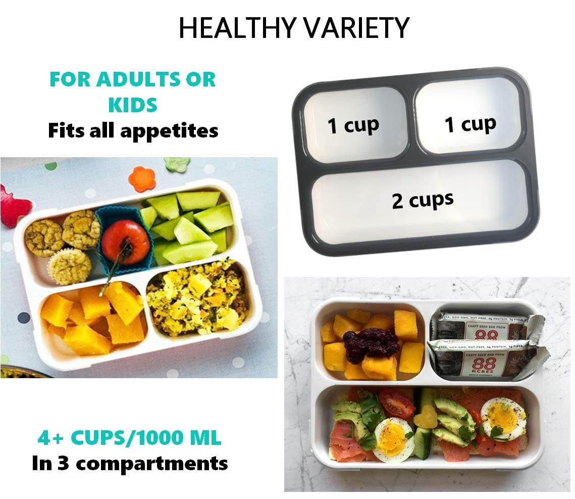 Bento Lunch Box For Adults, Kids | Leakproof Meal Prep Portion Control Boxes Japanese Style For Boys Teens 3 Compartment Slim Co