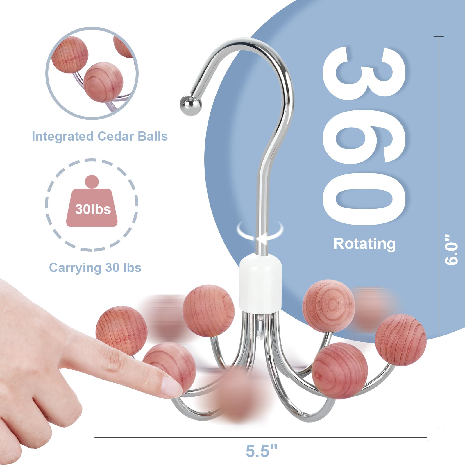 Topia Hanger Hoodie Hanger With 6 Cedar Balls, 360Swivel Purse Hanger, Scarf Hanger, Closet Hooks, Handbag Organizer, Bra Hanger