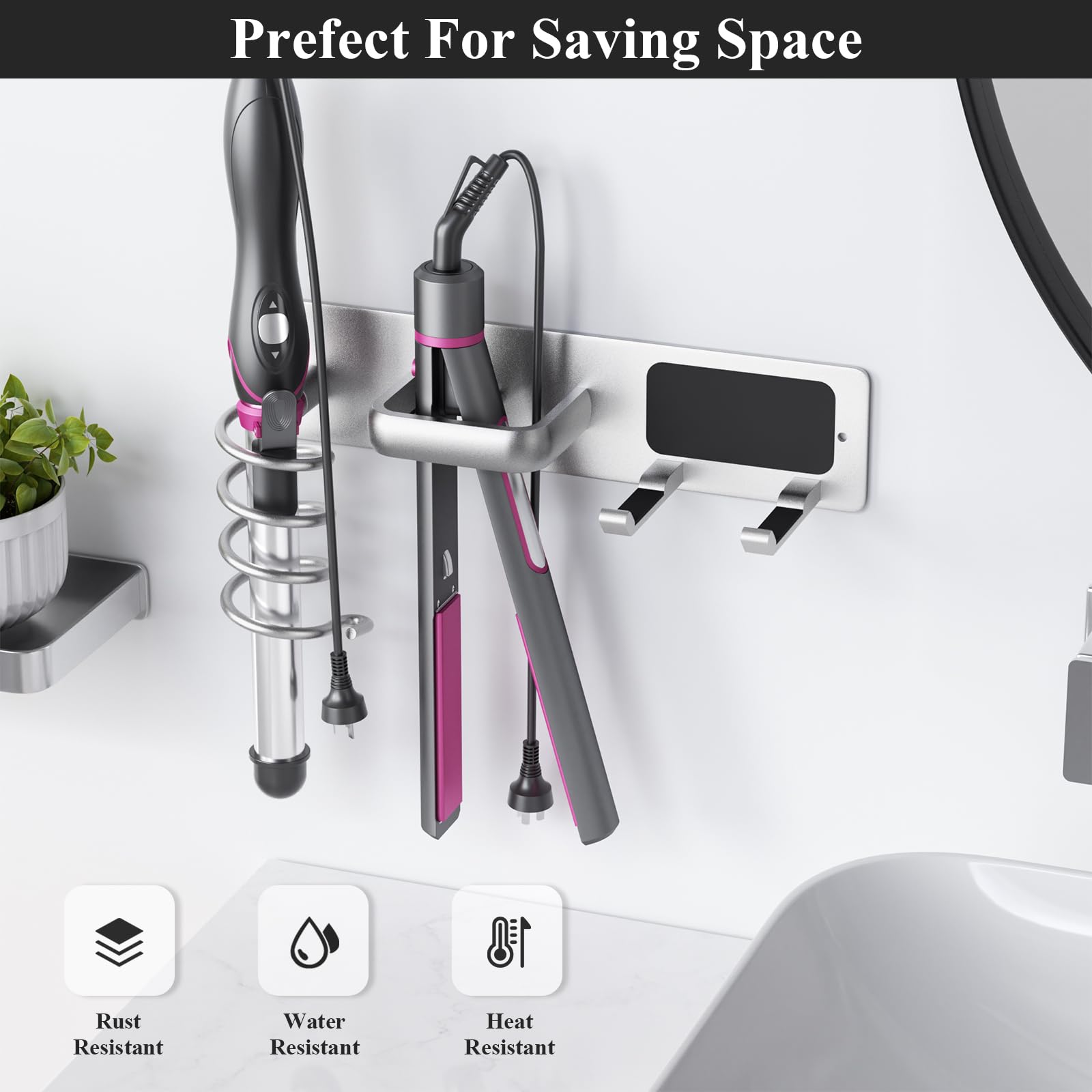 Tindbea Hair Dryer Holder Curling Iron Holder Flat Iron, Blow Dryer Holder Wall Mount, 3 In 1 Bathroom Hair Tool Organizer Rack