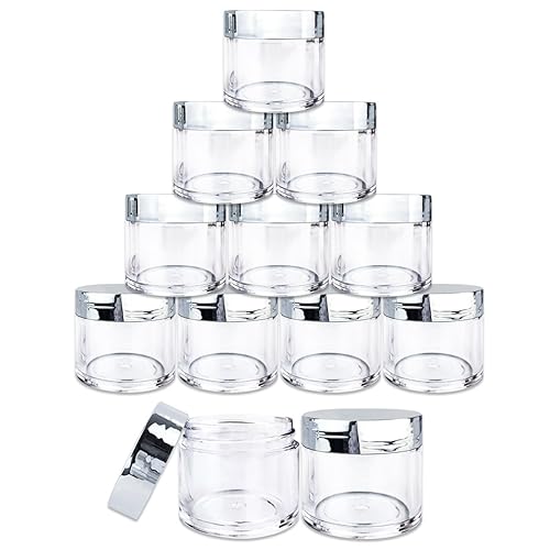 Beauticom 30g/30ml (1 fl. oz.) Double Wall Clear Plastic Leak Proof Jars with Flat Top Lids for Creams  Lotions  Make Up  Powders  Glitters  and more. (Color: Metallic Silver Lid  Pieces: 12)